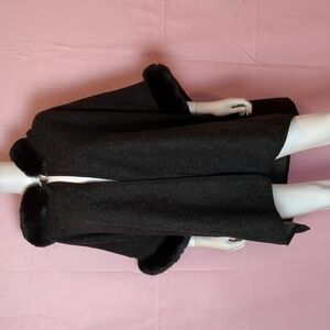 Gray and Black Faux Fur Trim Hooded One Size Cozy Winter Cape Coat